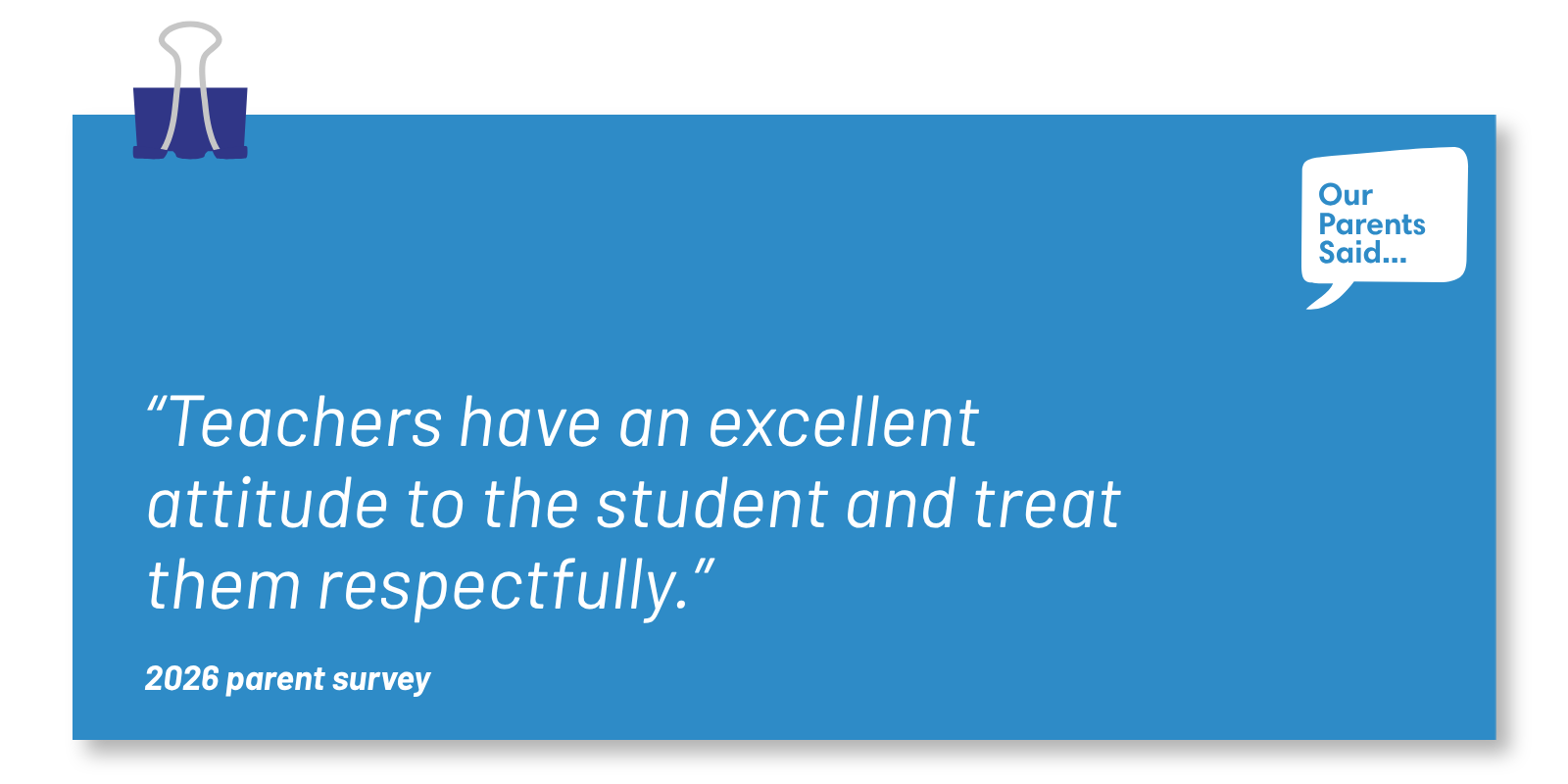“Teachers have an excellent attitude to the student and treat them respectfully.” 2026 Parent Survey Quote